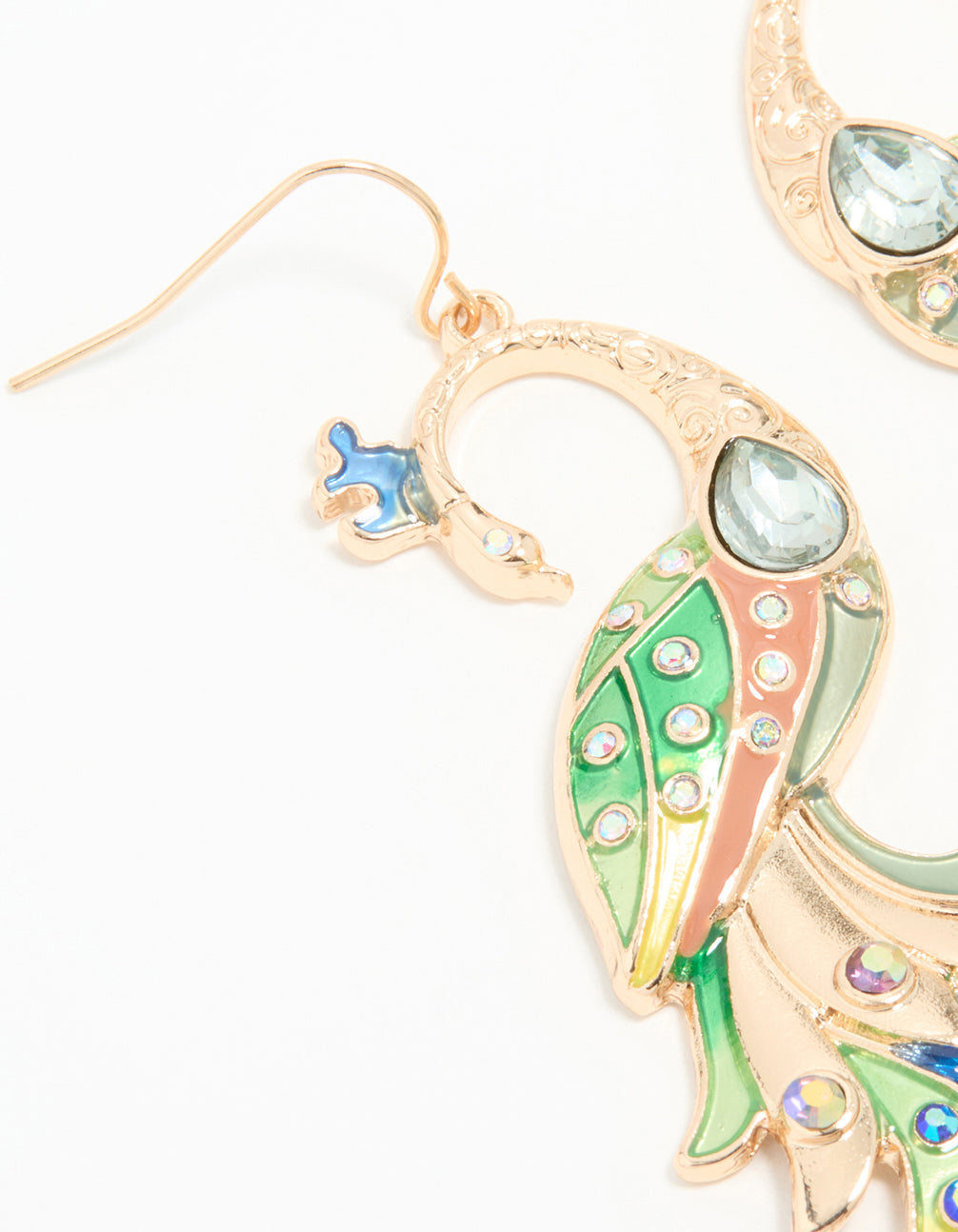 Gold Multi-Coloured Peacock Drop Earrings