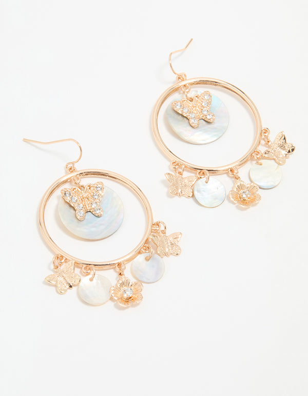 Gold Blue Genuine Shell Circle Drop Earrings