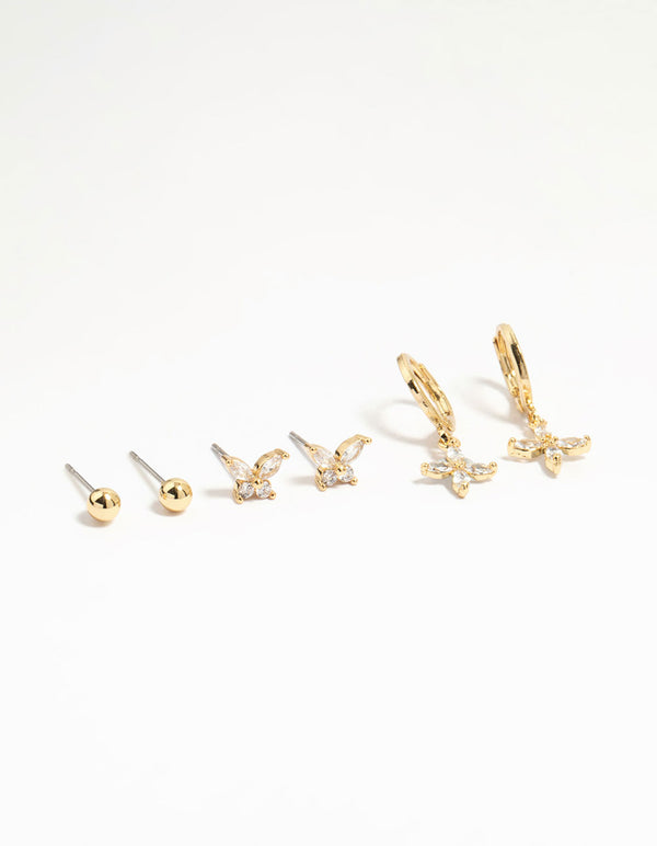 Gold Plated Brass Cubic Zirconia Butterfly & Flower Earrings 4-Pack