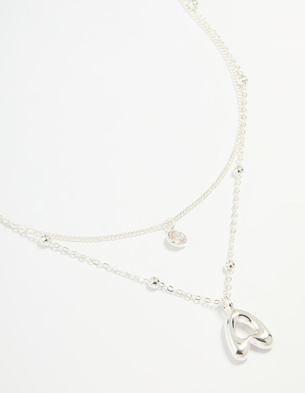 Silver Plated Cubic Zirconia & Bubble Letter A Layered Necklace