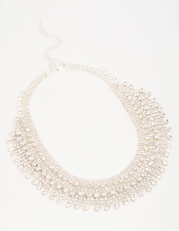 Silver Diamante Fan Cupchain Bib Necklace