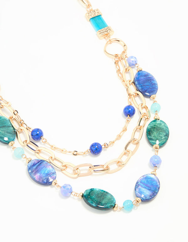 Blue Beaded Long Layered Necklace