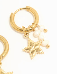 Waterproof Gold Plated Stainless Steel Pearl Star Huggie Earrings - link has visual effect only