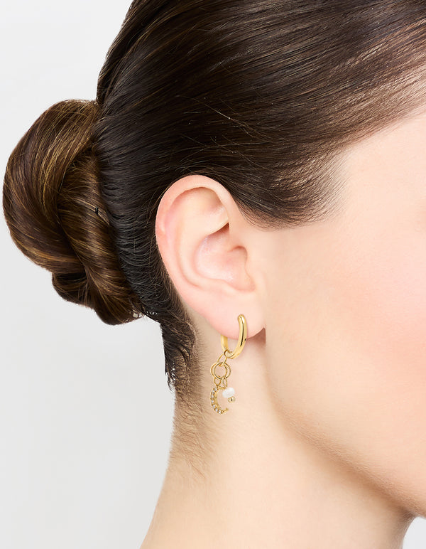 Waterproof Gold Plated Stainless Steel Freshwater Pearl & Moon Huggie Earrings