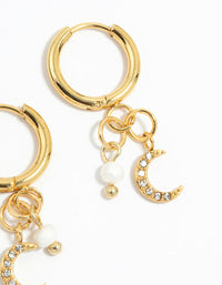 Waterproof Gold Plated Stainless Steel Freshwater Pearl & Moon Huggie Earrings - link has visual effect only