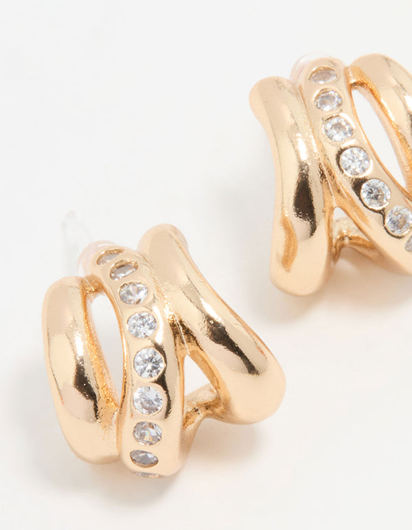 Gold Cubic Zirconia Textured Hoop Earrings