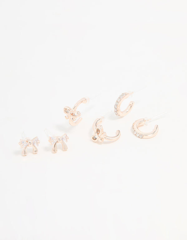 Rose Gold Cubic Zirconia Bow Stud & Hoop Earrings 3-Pack