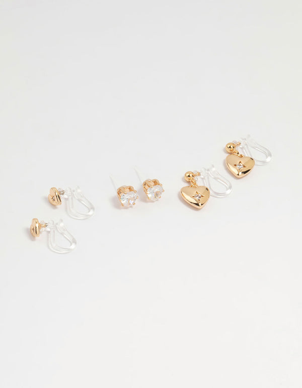 Gold Cubic Zirconia Heart Ear Cuff 4-Pack