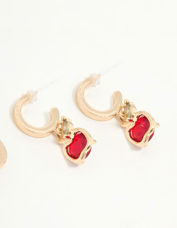 Gold Apple & Cherry Hoop Earrings 3-Pack