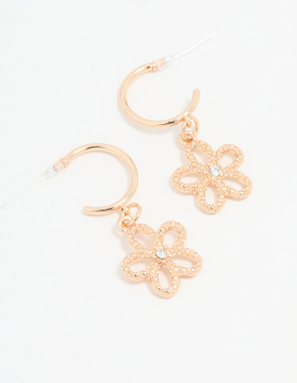Gold Diamante Floral Drop Hoop Earrings