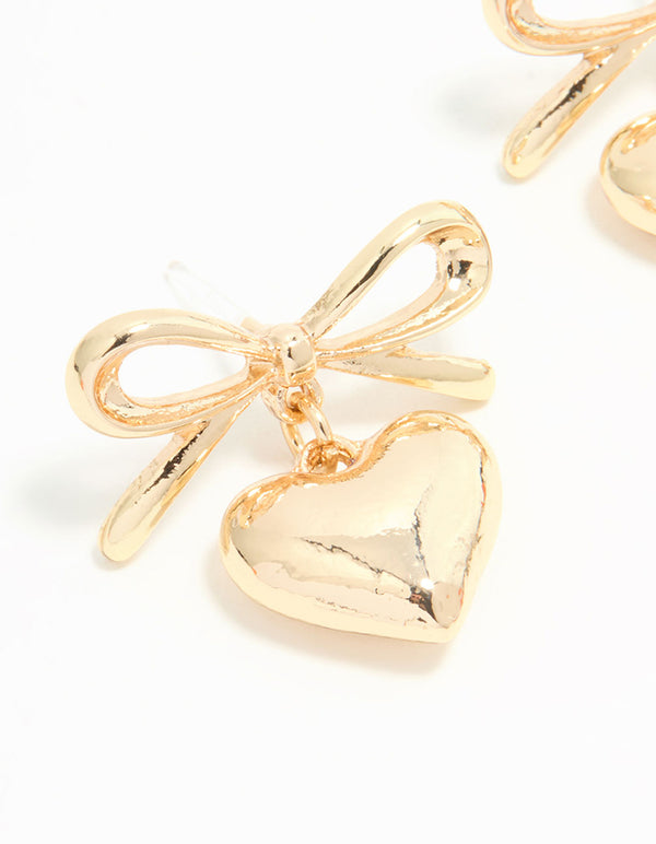 Gold Bow & Heart Stud Earrings