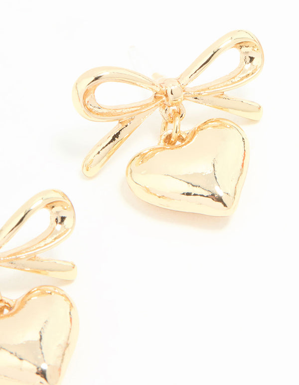 Gold Bow & Heart Stud Earrings