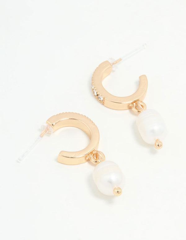 Gold Diamante & Pearl Drop Earrings