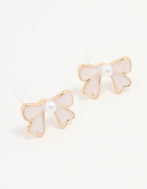 Gold Pearl Bow Mini Stud Earrings