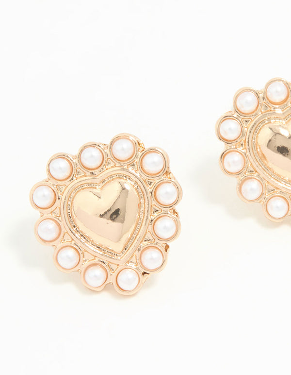 Gold Pearl Edge Heart Mini Stud Earrings