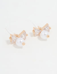 Gold Cubic Zirconia Pearl Bow Stud Earrings - link has visual effect only
