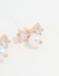 Gold Cubic Zirconia Pearl Bow Stud Earrings - link has visual effect only