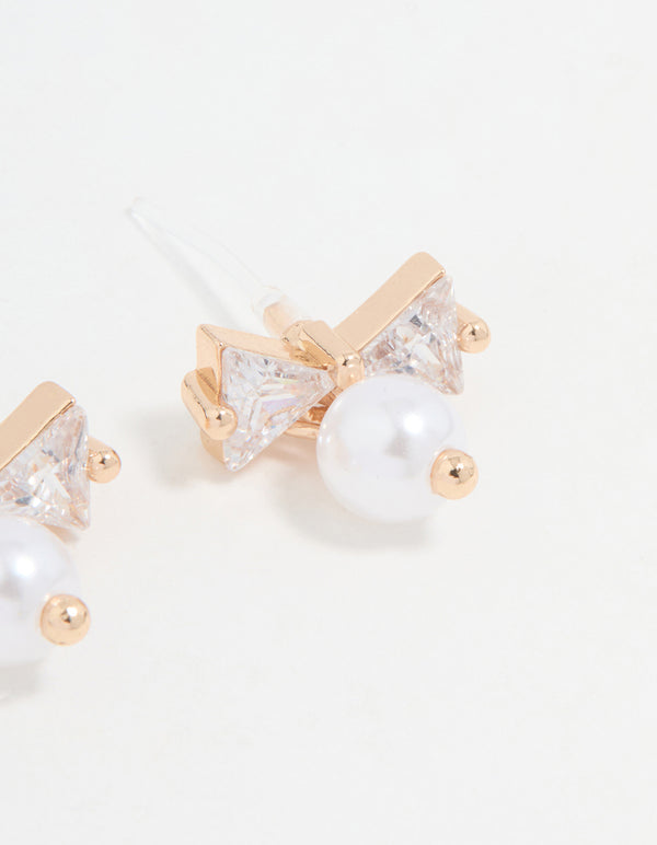 Gold Cubic Zirconia Pearl Bow Stud Earrings