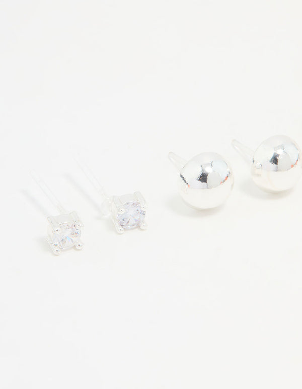 Silver Cubic Zirconia Heart & Stud Earrings 3-Pack