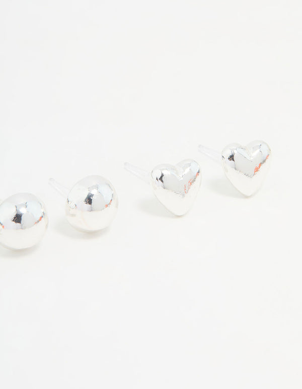Silver Cubic Zirconia Heart & Stud Earrings 3-Pack