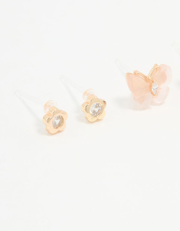 Gold Butterfly Wing Stud Earrings 3-Pack