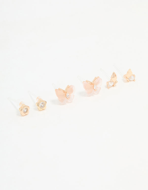 Gold Butterfly Wing Stud Earrings 3-Pack