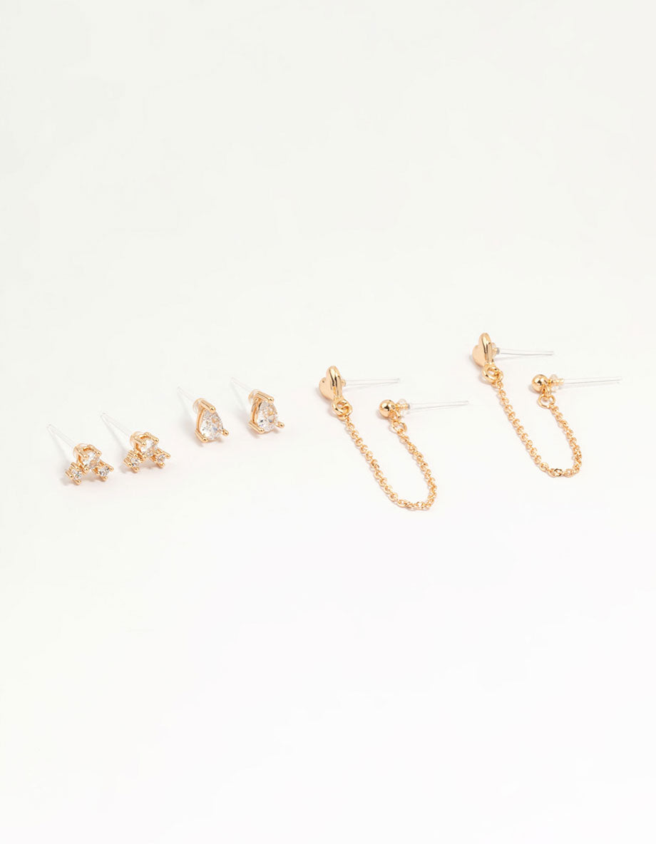 Gold Cubic Zirconia Chain Stud Earrings 4-Pack