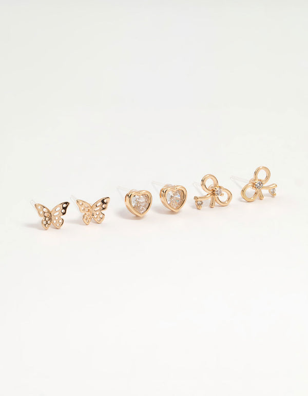 Gold Cubic Zirconia Bow & Heart Stud Earrings 3-Pack