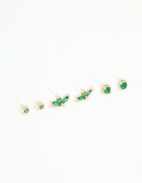 Gold Emerald Cubic Zirconia Stud Earrings 3-Pack