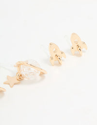 Gold Cubic Zirconia Planet & Rocket Earrings 3-Pack - link has visual effect only