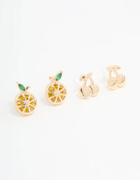 Gold Cherry & Lemon Stud Earrings 3-Pack - link has visual effect only