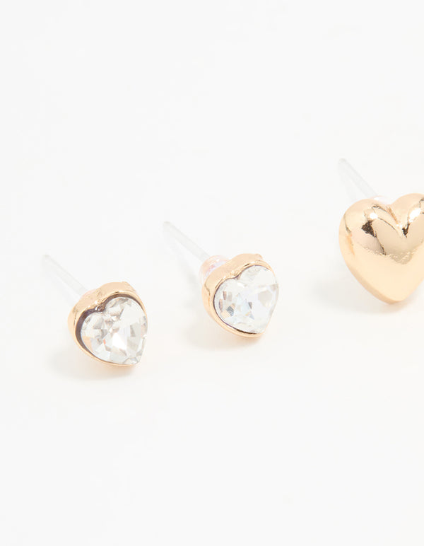 Gold Diamante Heart Stud Earrings 3-Pack