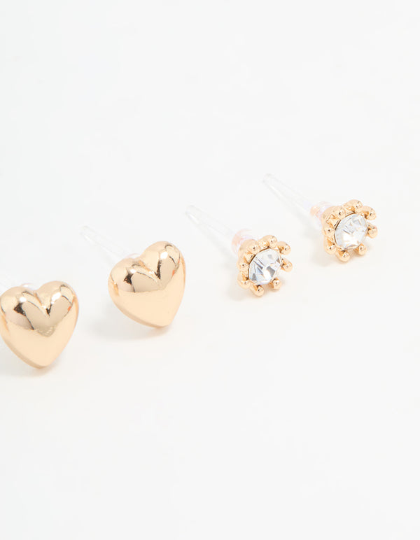 Gold Diamante Heart Stud Earrings 3-Pack