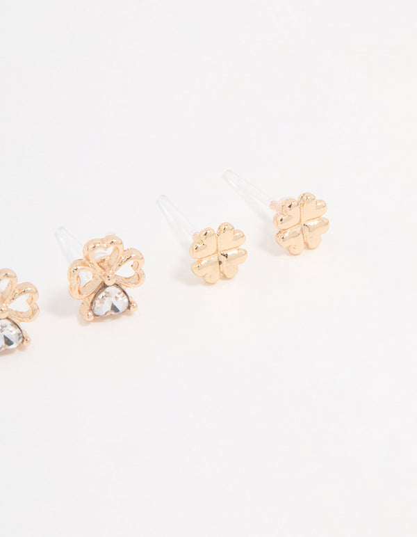 Gold Cubic Zirconia Mini Clover Stud Earrings 3-Pack