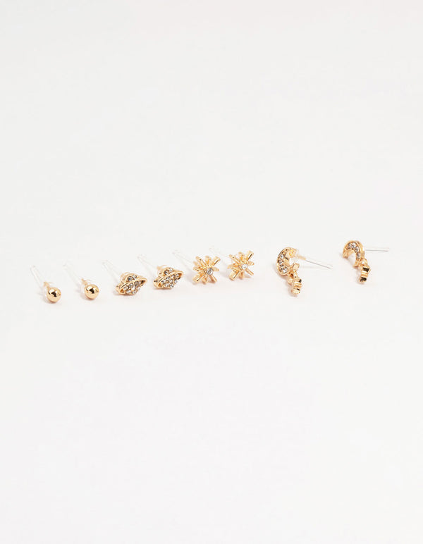 Gold Diamante Moon Celestial Stud Earrings 4-Pack