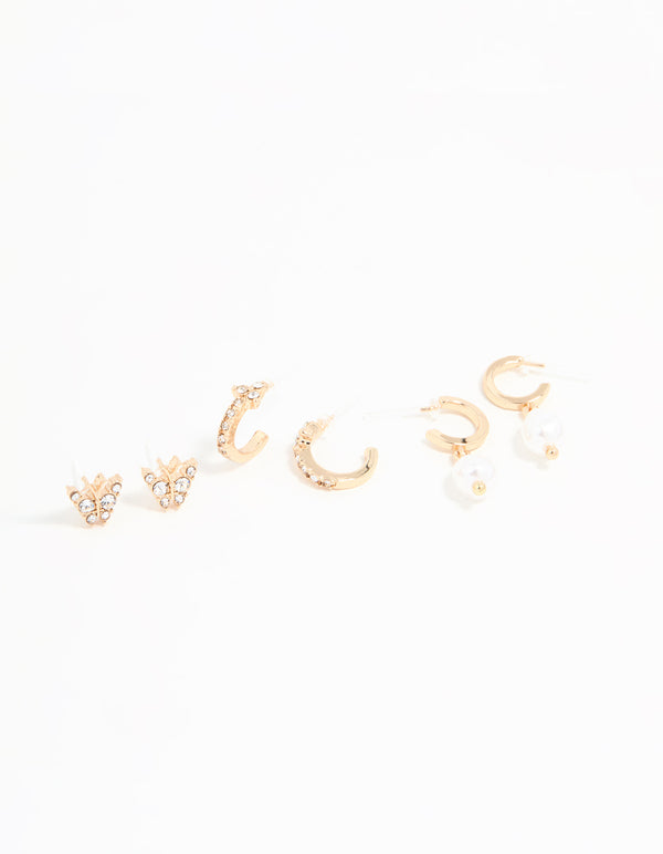 Gold Diamante Pearl Hoop & Stud Earrings 3-Pack
