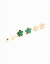 Gold Emerald Clover & Flower Stud Earrings 3-Pack - link has visual effect only