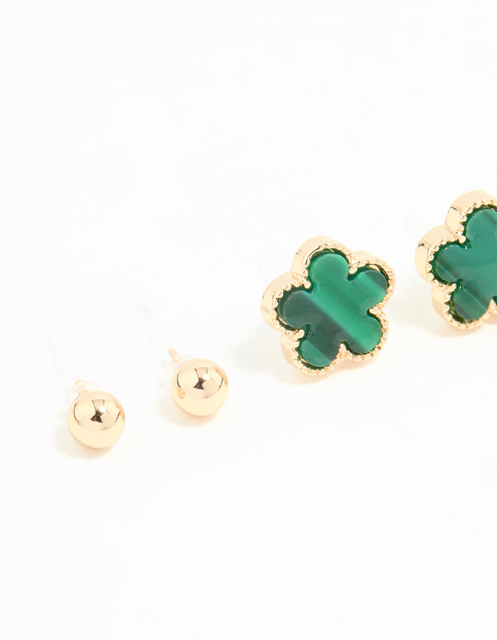 Gold Emerald Clover & Flower Stud Earrings 3-Pack