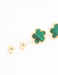Gold Emerald Clover & Flower Stud Earrings 3-Pack - link has visual effect only
