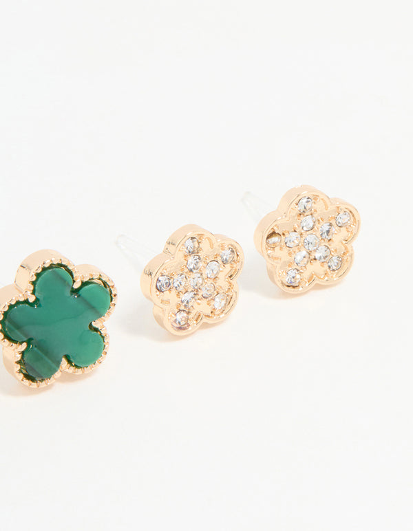 Gold Emerald Clover & Flower Stud Earrings 3-Pack