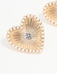Gold Textured Pearl Heart Stud Earrings - link has visual effect only