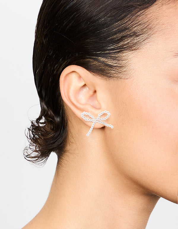 Gold Pearl Bow Stud Earrings