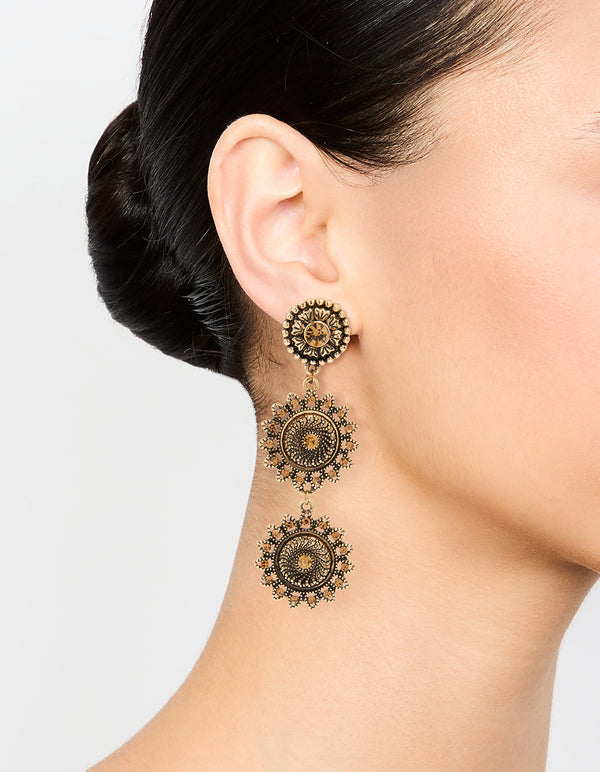 Antique Gold Triple Tier Boho Drop Earrings