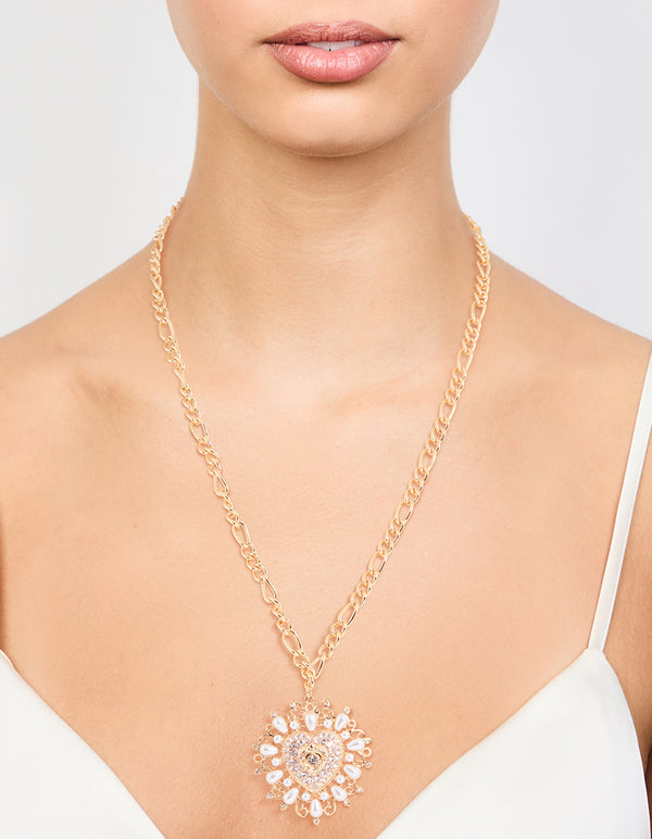 Gold Pearl Heart Pendant Necklace