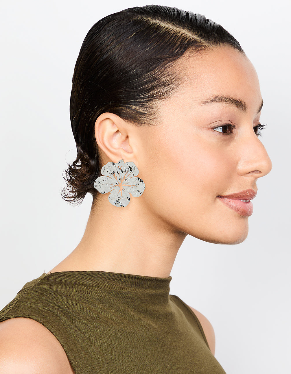 Silver Hammered Hibiscus Stud Earrings