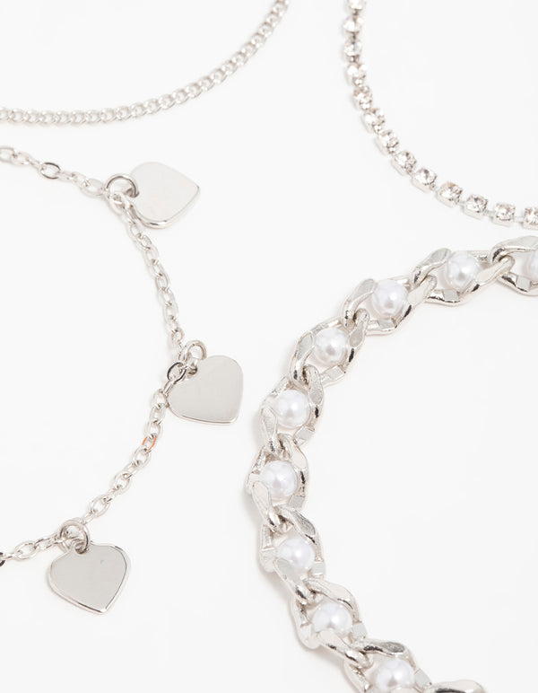 Silver Diamante & Pearl Mixed Bracelets 4-Pack