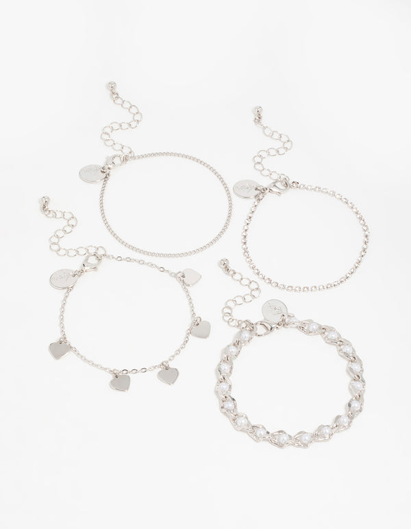 Silver Diamante & Pearl Mixed Bracelets 4-Pack