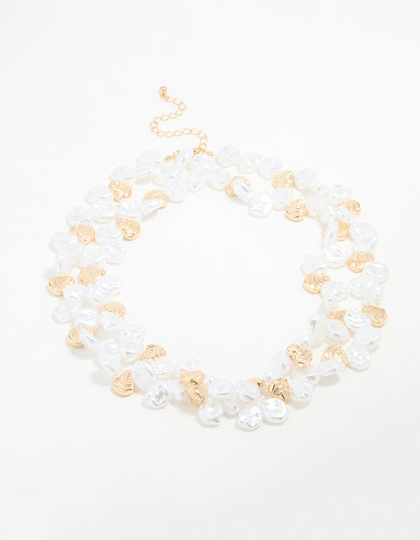 Gold Beaded Pearl Molten Layered Necklace