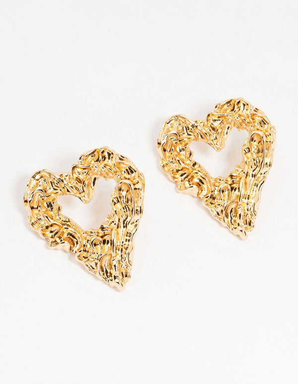 Gold Molten Open Heart Stud Earrings