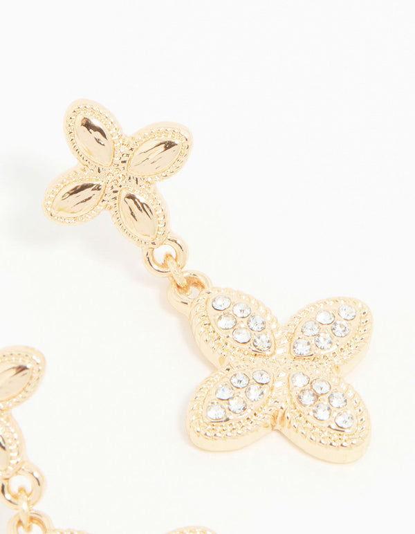 Gold Diamante Double Flower Drop Earrings